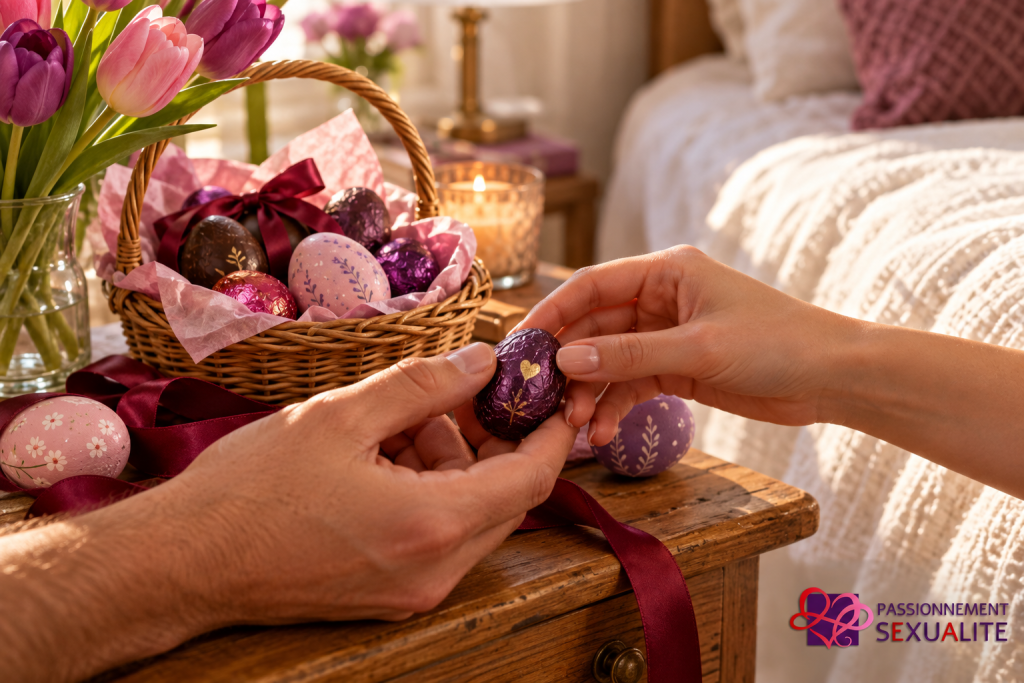 un couple avec panier de pâques. on ne voit que leurs mains