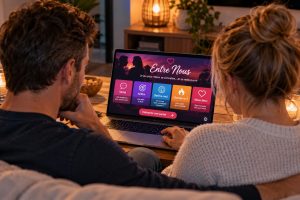 Un couple devant un jeu de couple qui s'appelle "Entre Nous"