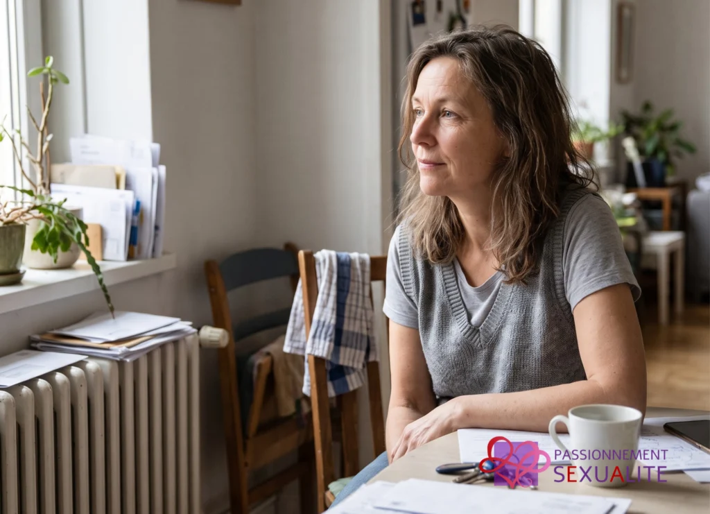 Femme dans sa cuisine regarde vers la fenêtre