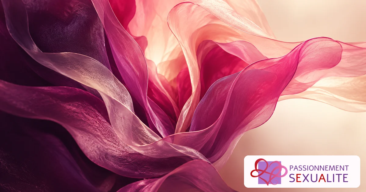 Voiles roses et prunes évoquant les parties visibles et cachées du clitoris ; illustration abstraite avec le logo officiel.