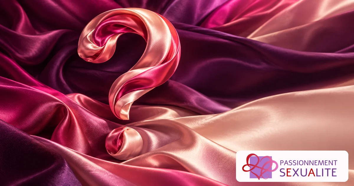 Point d’interrogation en satin rose sur un drapé prune, avec le logo officiel de Passionnément Sexualité